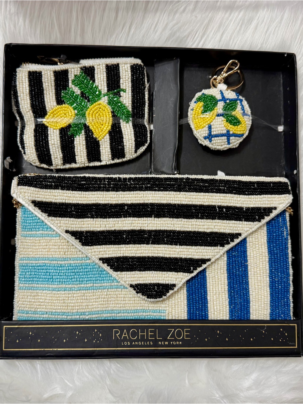 NWT Rachel Zoe Beaded Shoulder Bag with Coin Purse and Charm Lemon Striped Gold
